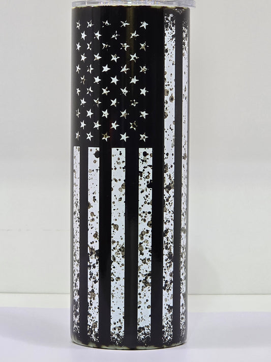 20oz. Black & White American Flag with Blue Line