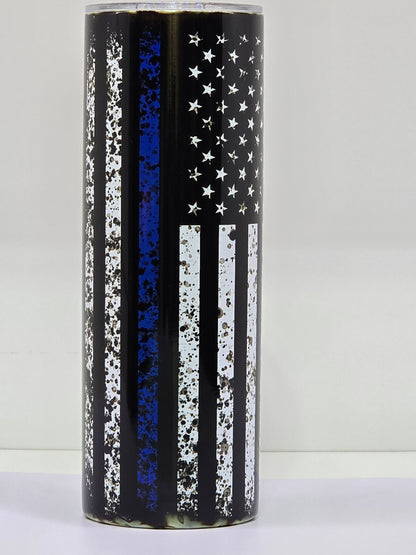 20oz. Black & White American Flag with Blue Line