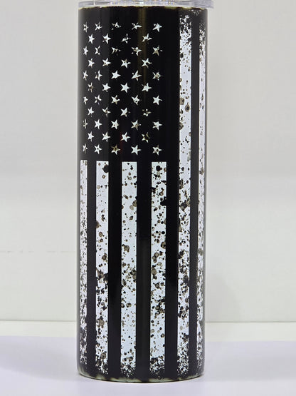 20oz. Black & White American Flag with Blue Line