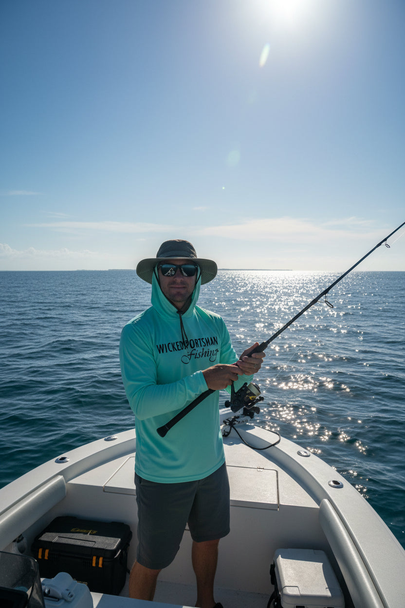 Mint green hoodie with 'WICKEDSPORTSMAN FISHING' text on the front, featuring a hood and a front pouch pocket.